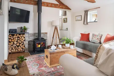 a living room with a wood stove at Riverside cottage on private wildlife estate 1-bed in Washaway