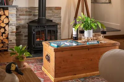 a fireplace in a living room with a wood stove at Riverside cottage on private wildlife estate 2-bed in Washaway
