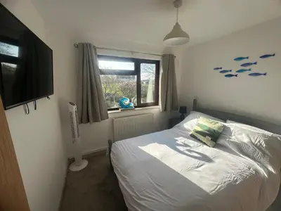a bedroom with a bed and a window and a television at Tranquil one bed flat in Newquay
