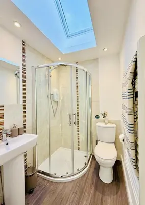 a bathroom with a shower and a toilet and a sink at Little Peterville in St. Agnes