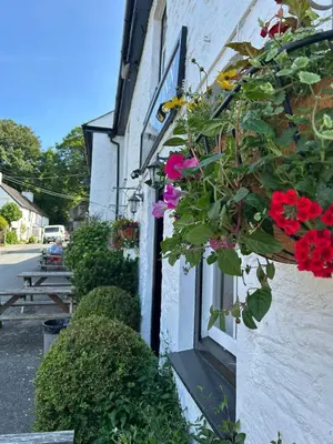 a window with flowers on the side of a building at The New Inn in Veryan