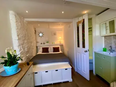 a bedroom with a bed and a sink in it at Ideally located cottage in Downalong St Ives in St Ives