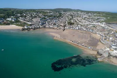 an aerial view of a beach and a city at Salubrious Cottage, St Ives in St Ives
