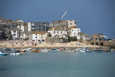 a group of boats in the water near a beach at Serendipity Cottage, St Ives in St Ives