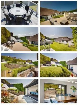 a collage of photos of a house with a table at Whispering Waters in Newquay