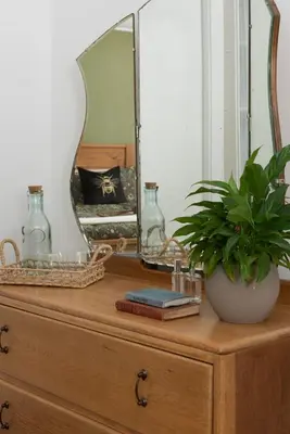 a dresser with a mirror and a plant on it at City Centre 1 bed Georgian flat with courtyard in Truro