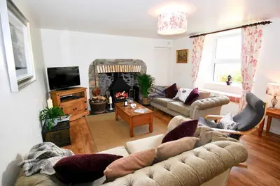 a living room with a couch and a fireplace at Riverside farm cottage on private wildlife estate 1-bedroom in Washaway