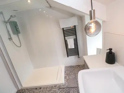 a bathroom with a shower with a toilet and a sink at Anneth Lowen in Hayle