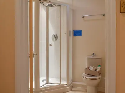 a bathroom with a shower and a toilet at The Piggery - Uk49014 in Liskeard