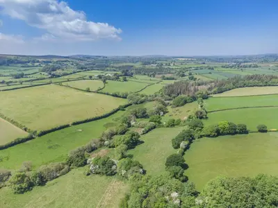 an aerial view of a green field with trees at 2 Bed in Launceston oc-g31003 in Lewannick