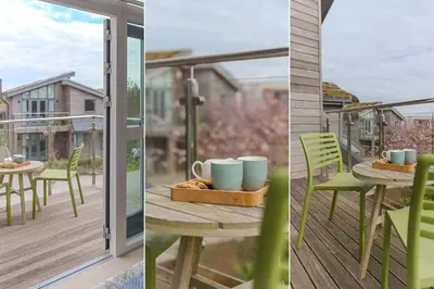 two pictures of a porch with a table and chairs at 64 Una in Carbis Bay