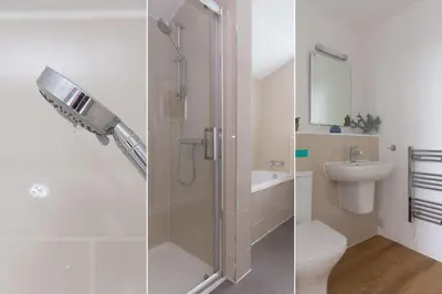two pictures of a bathroom with a shower and a toilet at 64 Una in Carbis Bay