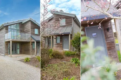 two pictures of a house with a porch and a garage at 64 Una in Carbis Bay