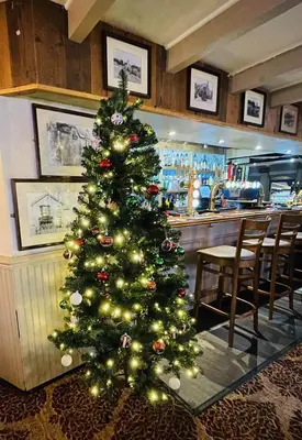 a christmas tree in front of a bar at The Star Inn in Saint Erth