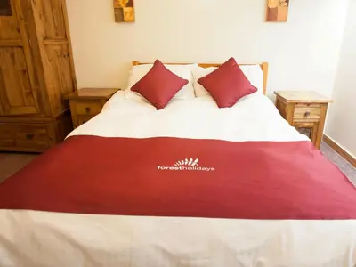 a bed with two red pillows on top of it at Deerpark Cabins, Cornwall - Forest Holidays in Liskeard