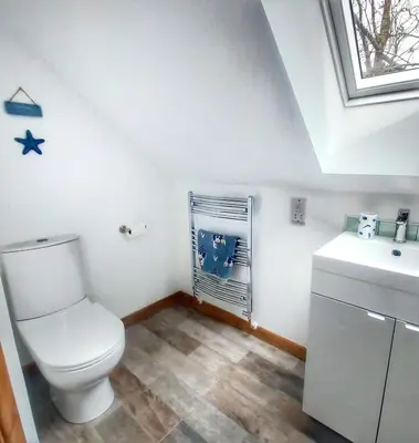 a bathroom with a toilet and a sink at Heart of Kernow Holiday Home in Bugle