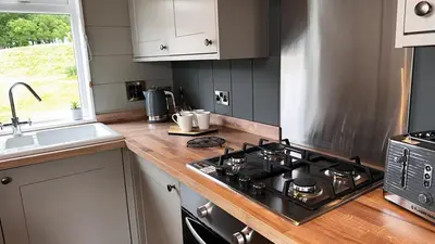 a kitchen with a stove top oven next to a sink at Manor Lake Lodge Exclusive luxury lodge retreat in Saint Tudy