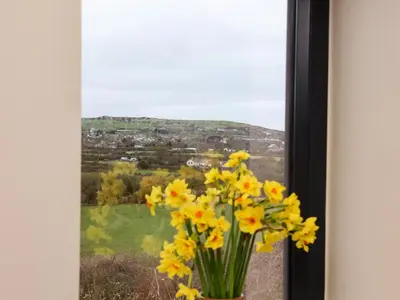 a vase of yellow flowers sitting in a window at The Cabin at Ropewalk in St. Agnes