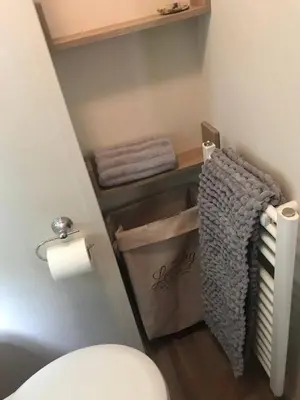 a small bathroom with a toilet and towels at Badgers nestled in a cozy corner of the park in Wadebridge
