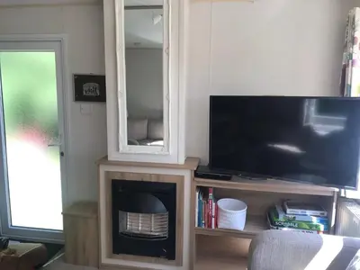 a living room with a television and a fireplace at Badgers nestled in a cozy corner of the park in Wadebridge