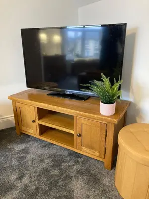 a large flat screen tv on a wooden stand with a potted plant at Newquay Beachcomber 2 Bedroom Apartment in Saint Columb Minor