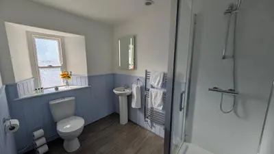 a blue and white bathroom with a toilet and a sink at Duke of Cornwall in St Austell