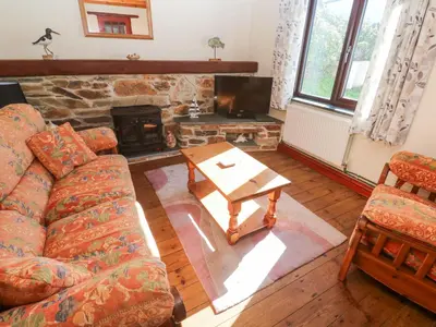 a living room with a couch and a fireplace at Carolyns Cottage in Penzance