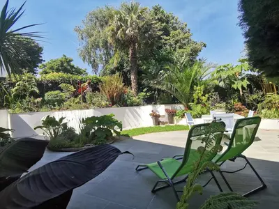 a patio with two green chairs and palm trees at Falmouth Oasis with sub-tropical garden & parking in Falmouth