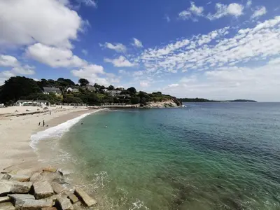 a view of a beach with people in the water at Falmouth Oasis with sub-tropical garden & parking in Falmouth