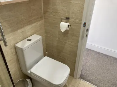 a bathroom with a toilet and a roll of toilet paper at Flat 4, 10 Porthminster Terrace in St Ives