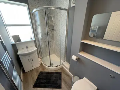 a bathroom with a shower and a toilet and a sink at Dolly - a peaceful retreat in St Ives