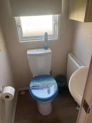 a bathroom with a toilet with a blue seat at Newquay Bay - 3-Bed Caravan - Sleeps 6 in Newquay