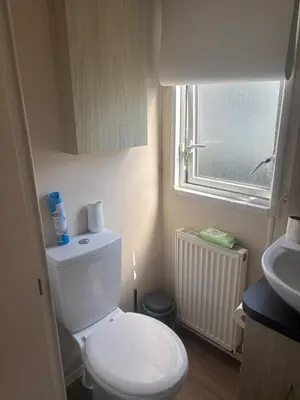 a bathroom with a toilet and a sink and a window at Newquay Bay - 3-Bed Caravan - Sleeps 6 in Newquay