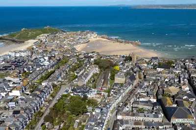 an aerial view of a city and a beach at Low Tide Bedford Rd Boutiques in St Ives