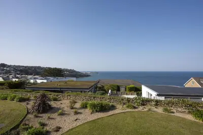 an aerial view of a house and the ocean at Spectacular Sea Views, Wi-Fi, Parking in Carbis Bay
