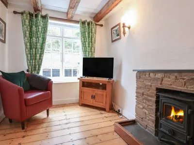 a living room with a fireplace and a television at Teana Cottage in Looe