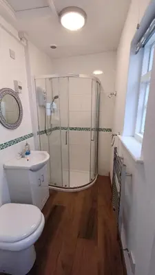 a bathroom with a shower and a toilet and a sink at The Old Post Office in Coverack
