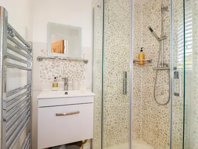 a bathroom with a shower and a sink and a toilet at The Old Harbour Masters House in Fowey