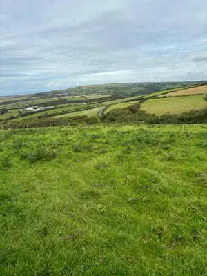 a field of green grass with a road in the distance at Tregatherall Barn in Boscastle