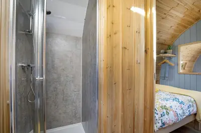 a bathroom with a shower and a bed in a room at Demelza in Liskeard