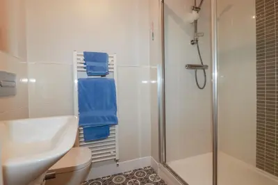 a bathroom with a shower and a toilet and a sink at 13 Clock Tower Court in St Austell