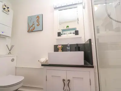 a bathroom with a white toilet and a sink at Seahorse Cottage in St Ives