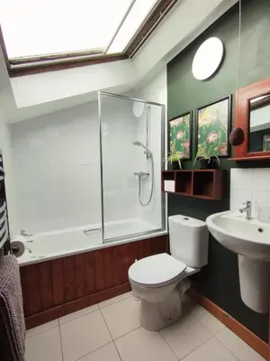 a bathroom with a shower and a toilet and a sink at 2 bed barn on smallholding in Stithians