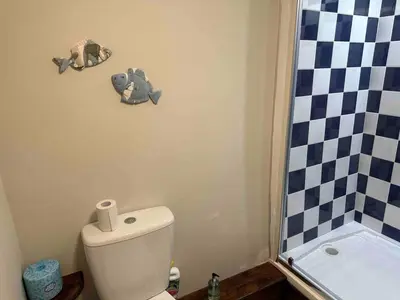 a bathroom with a toilet with stuffed animals on the wall at Character 3 Bed Cottage, Close to Waters edge, Parking in Looe