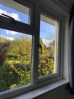 a window with a view of a garden at Stylish Room Close to Beaches in Falmouth