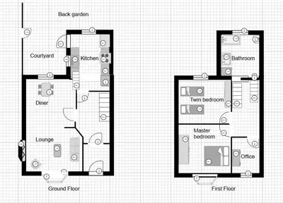 two floor plans of a bedroom and a living room at Palm Haven House - Luxury family-friendly Newquay surf house near Porth Beach perfect for walking, pets, exploring in Newquay