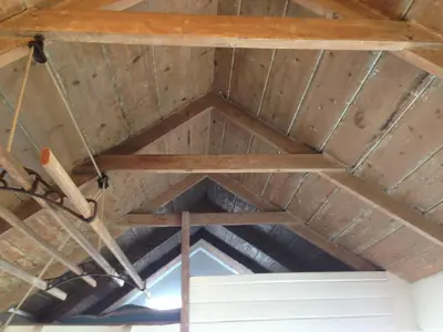 a view of the ceiling of a barn at Sunset Sea Views 1 min to beach On SW Coast Path Private Parking in Uny Lelant