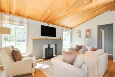 a living room with white furniture and a fireplace at 17 Meadow Retreat in Liskeard