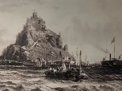 a painting of a castle on a rock in the water at Old Temperance House in Saint Keverne