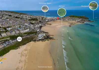 an aerial view of a beach with three locations at Harts Loft - On Beach - Panoramic Sea Views - By Harbour in St Ives